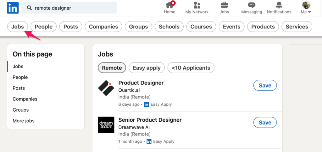 Linkedin jobs page